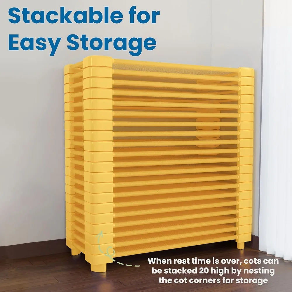 Stackable Kiddie Cot, ukuran standar, furnitur kelas, kuning, 6-Pack