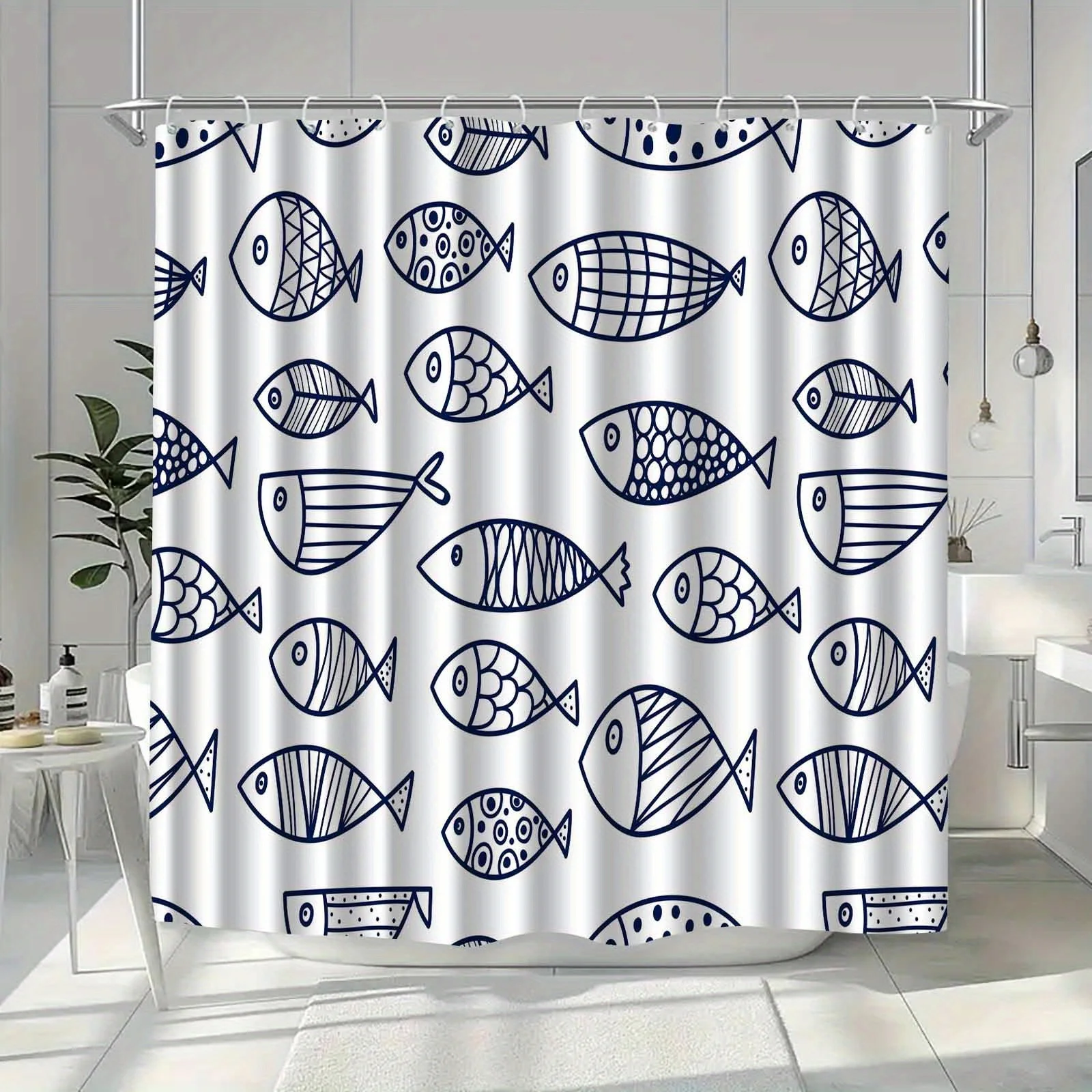 

1 шт. минималистичная шторка для душа с синим рисунком рыб, из полиэстера, которую можно стирать в машине, подходит для декора ванной комнаты.