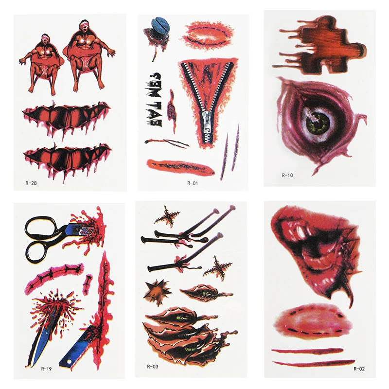 30Sheets Horror Halloween Tattoo Stickers Realistic Bloody Wound Scar Tattoo Sticker Halloween Masquerade Prank Makeup Props