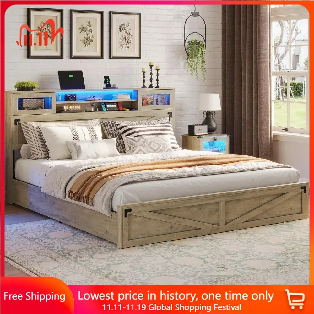 King Size Bed Frame with Bookcase Headboard and 2 Drawers, Wooden Platform King Bed with LED Lights and Charging Station