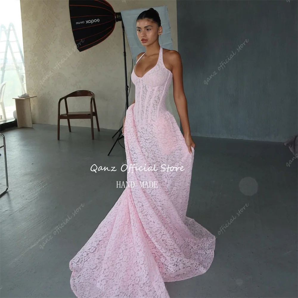 Qanz Pink Full Lace Appliques Evening Dresses Elegant Long Train Pageant Dress For Women Backless Robes De Soirée  Customized image 4