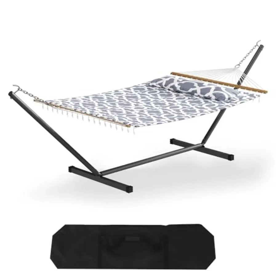 57 Double Hammock with Heavy Duty Stand for outdoor use, polyester fabric, navy blue, weather-resistant and easy to assemble
