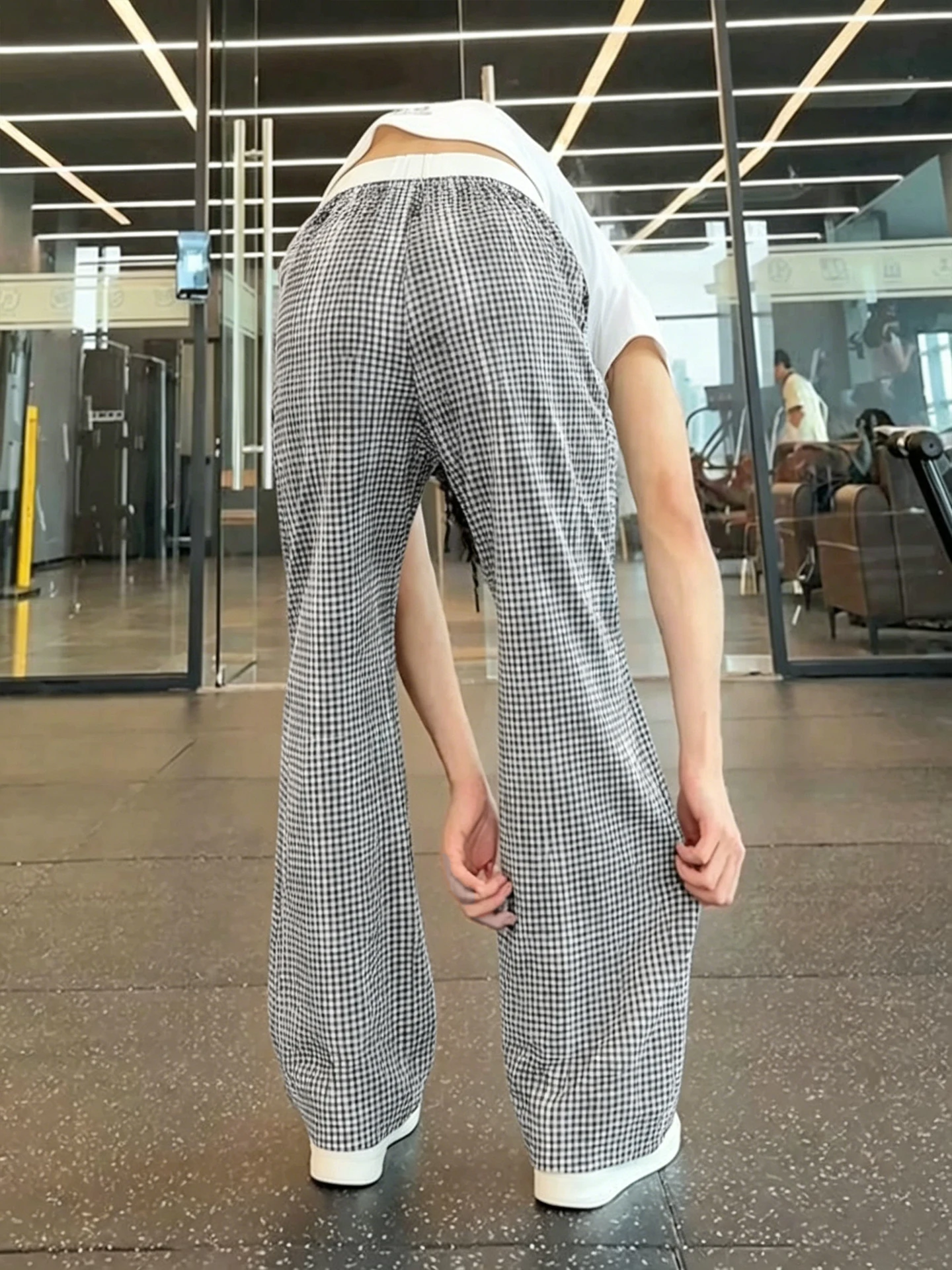 Gray Ice Silk Plaid Men's Summer Thin Fashion Sport Pants Drape Elastic Straight Leg Casual Long Trousers CleanFit Style