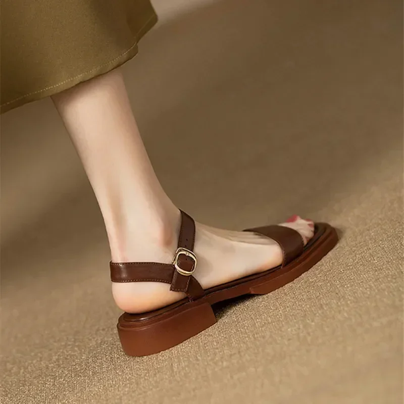 Summer Flat Sandals Women Ankle-Wrap Open Toe Square Low Heel Shoes Slingback Anti-slip Soft Sole Sandals Sandalias De Mujer