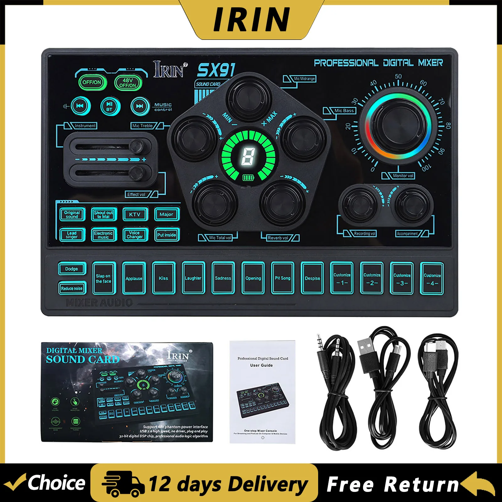 

IRIN Sound Card Audio Mixer with Voice Changer Podcast Mixer Sound Card for Phone Gaming Karaoke Studio Live Streaming Podcast