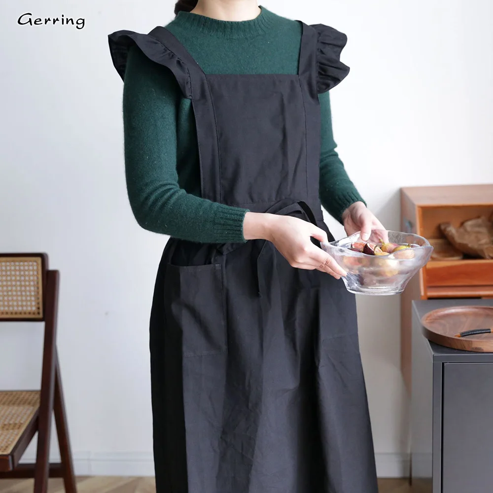 Gerring Retro Fly Sleeves Falbala Apron Korean Aprons For Woman Dress Flower Shop Cafe Garden Bakery Kitchen Antifouling Apron