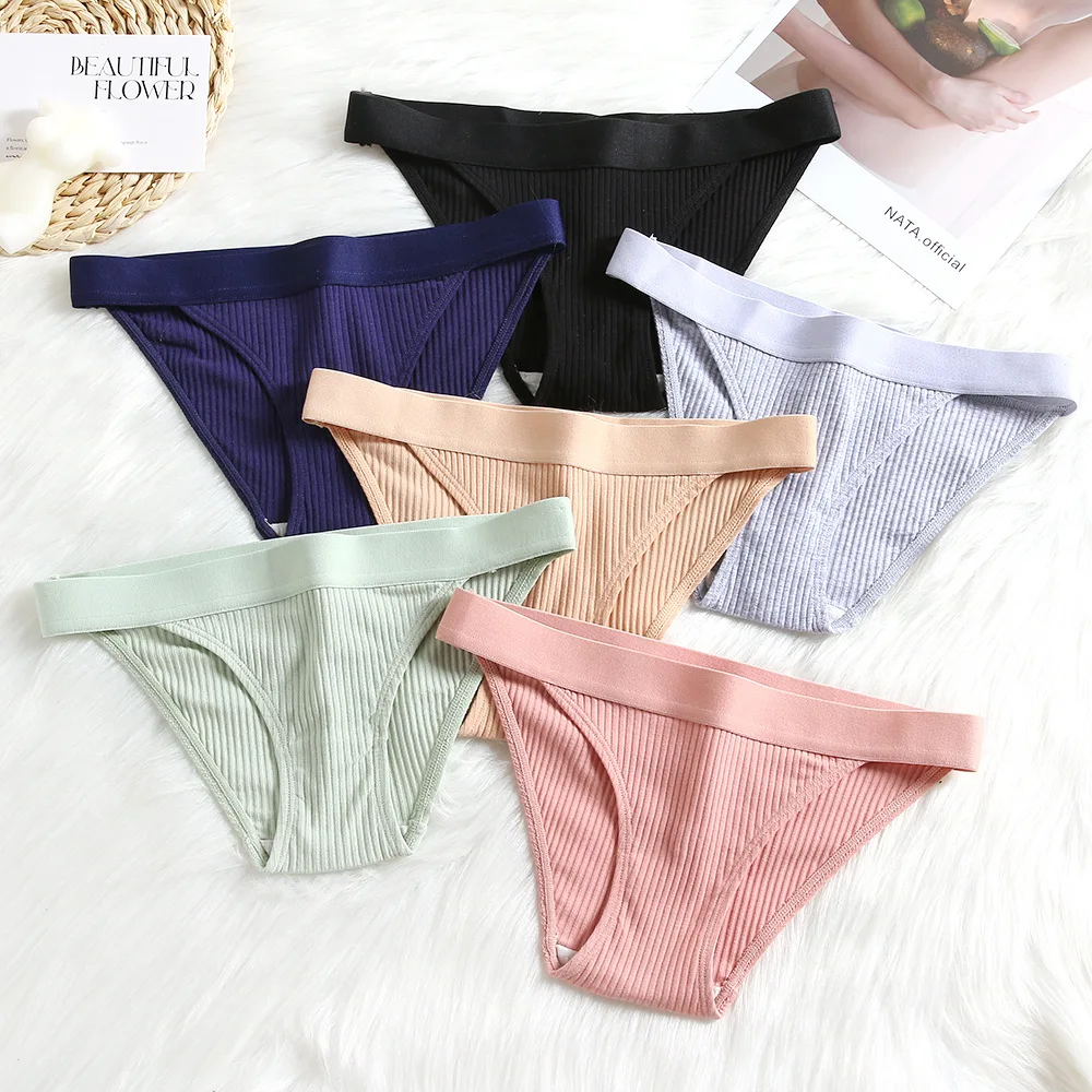 FallSweet 5PCS Ribbed Cotton Panties Women Briefs Pack Ladies Low Waist Antibacterial Underwear Student Girls School Underpants