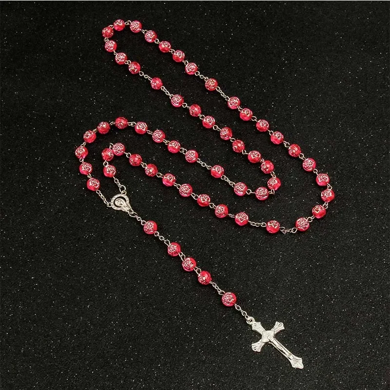 حبات المسبحة الكاثوليكية الصليب قلادة سلسلة طويلة هدية مجوهرات مريم الصلاة