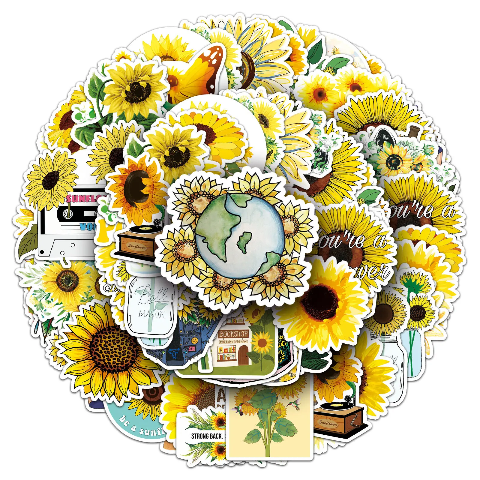 50PCS Sunflower Flower Cartoon Style Graffiti Decorative Water Cup Skateboard Laptop iPad Waterproof Stickers Kids Toy