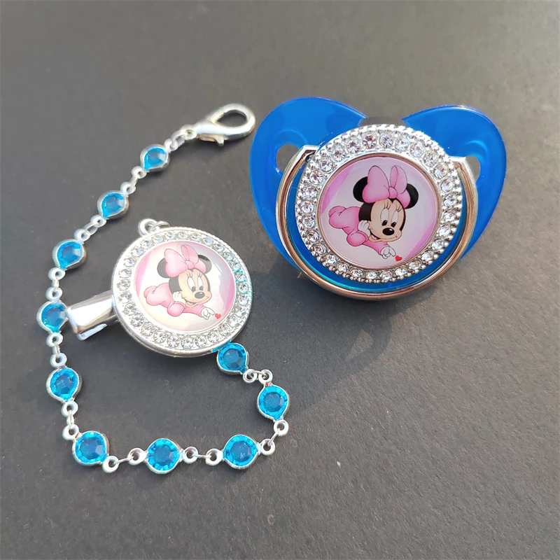 White Pearled Blue Rhinestone Handmade Minnie Mouse Luxury Fancy Dolls Pacifiers and Chain Holder with Cover Fake Dummy Soothers