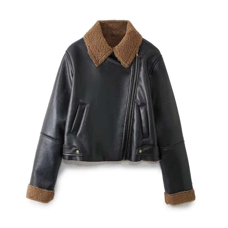 

Осенне-зимняя утепленная куртка-косуха с воротником из овечьей шерсти, в стиле ретро, теплая верхняя одежда для женщин, на молнии, с длинными рукавами