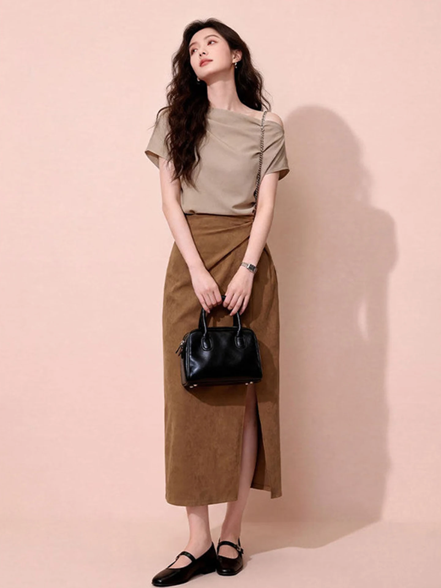 

Elegant Pure Color Shoulder Bared Top Korean Style Commute Short Sleeve Women's T-shirt Casual Versatile Summer Base Layer