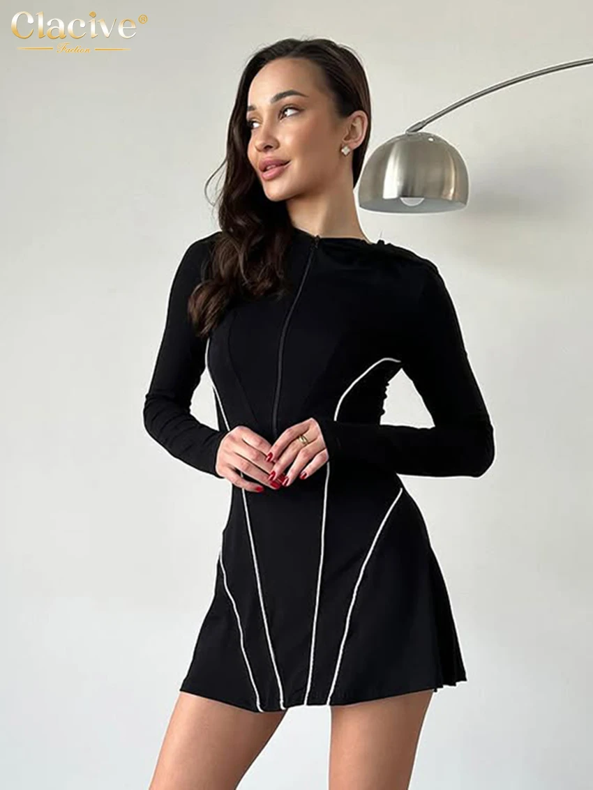 

Clacive модное свободное черное женское платье 2026, облегающее мини-платье с круглым вырезом и длинными рукавами, элегантное классическое женское платье, уличная одежда