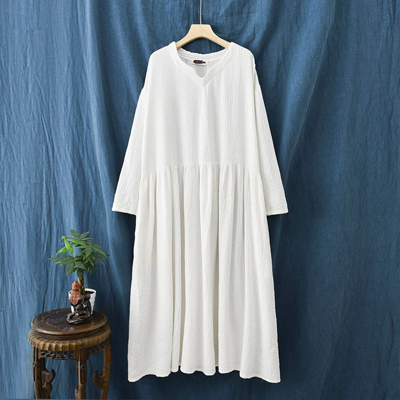 

Ladies Linen Robe Double-Layer Large Swing Skirt Retro V-Neck Long Skirt Pure Color Simple Temperament Long Gown Fairy Skirt