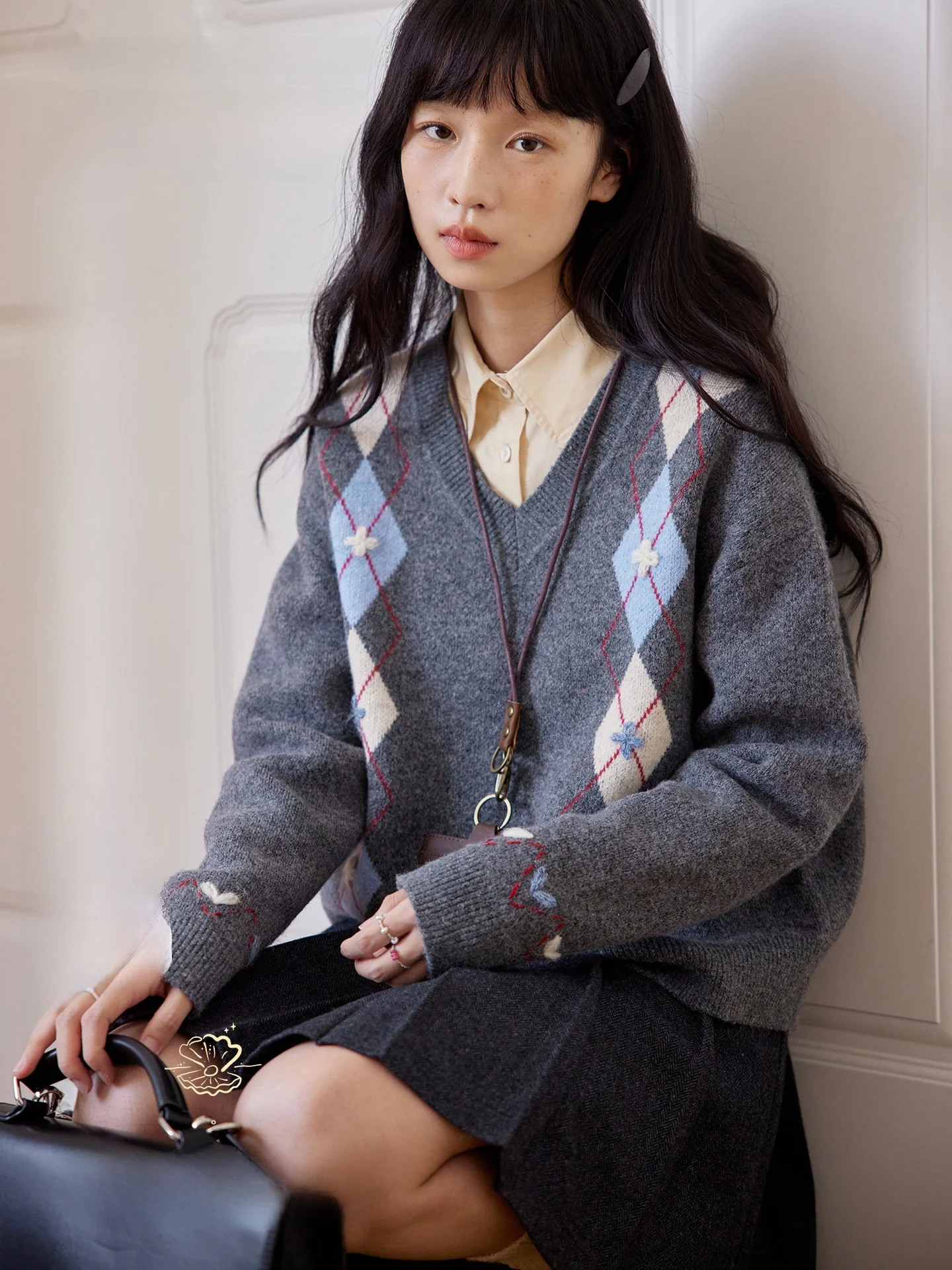 

Handmade Knitted V-Ne Sweater Nov Et Academy Color Blo Diamond Pattern Warmth Faionable Women's Autumn Winter Sweater