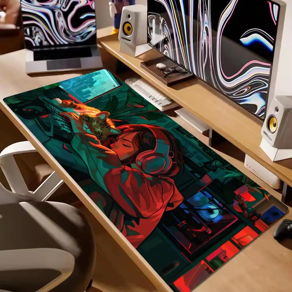 

Girl and Cat Mouse Pad XL Computer Accessories Office Game XXL Table Mats Rubber Anti-slip Gaming Keyboard Mousepads Desk Pads