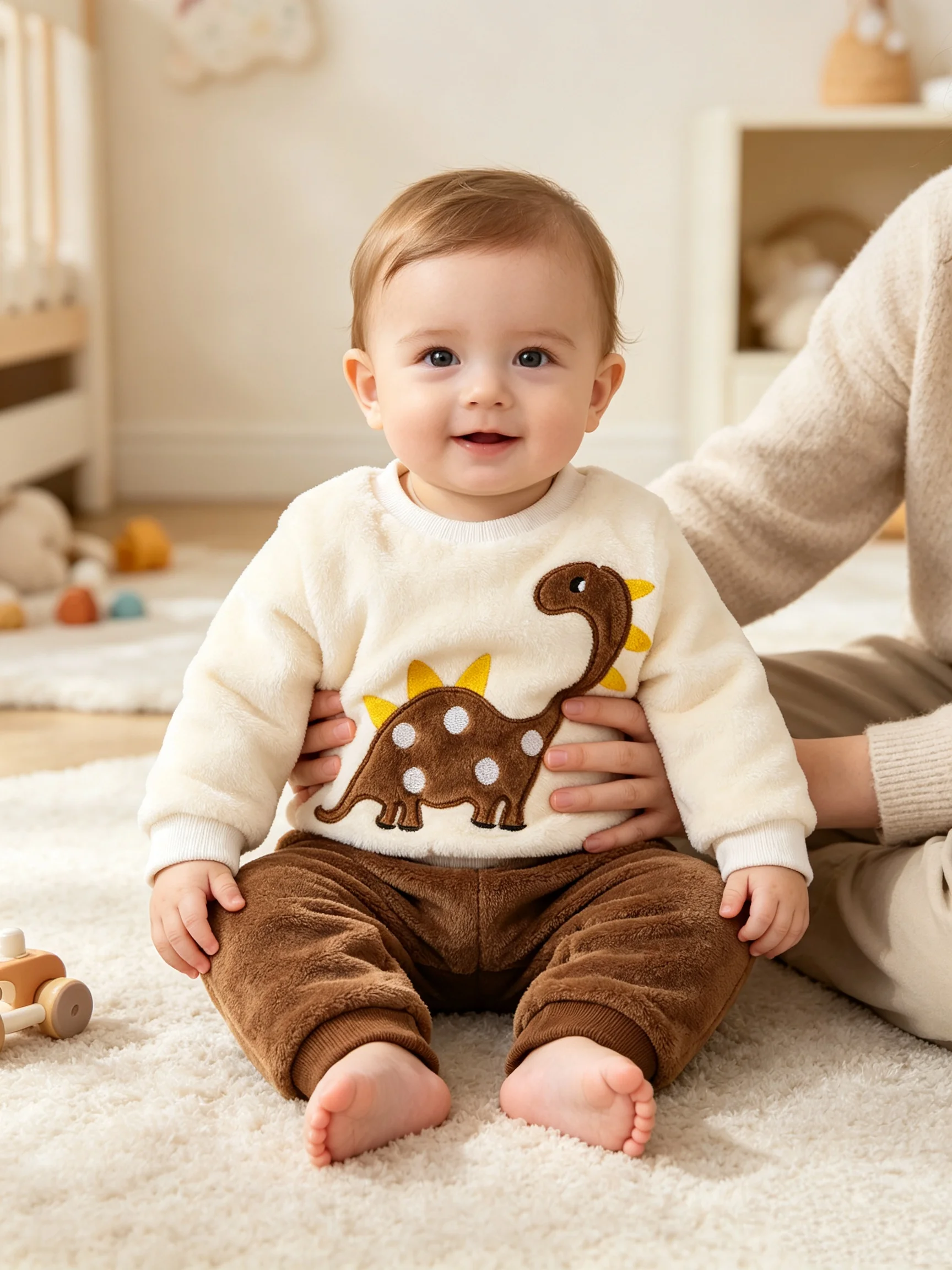 Unisex Baby Autumn Winter Milk White Dinosaur Coral Fleece Long Sleeve Pants Set Footed Two-Piece Suit for Infants