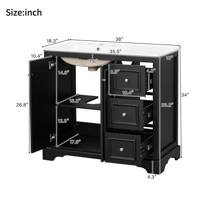 زينة حمام انتقالية مقاس 36 بوصة مع حوض سيراميك، أبواب مغلقة ناعمة، رف قابل للتعديل على شكل حرف U، 3 أدراج (1 مع