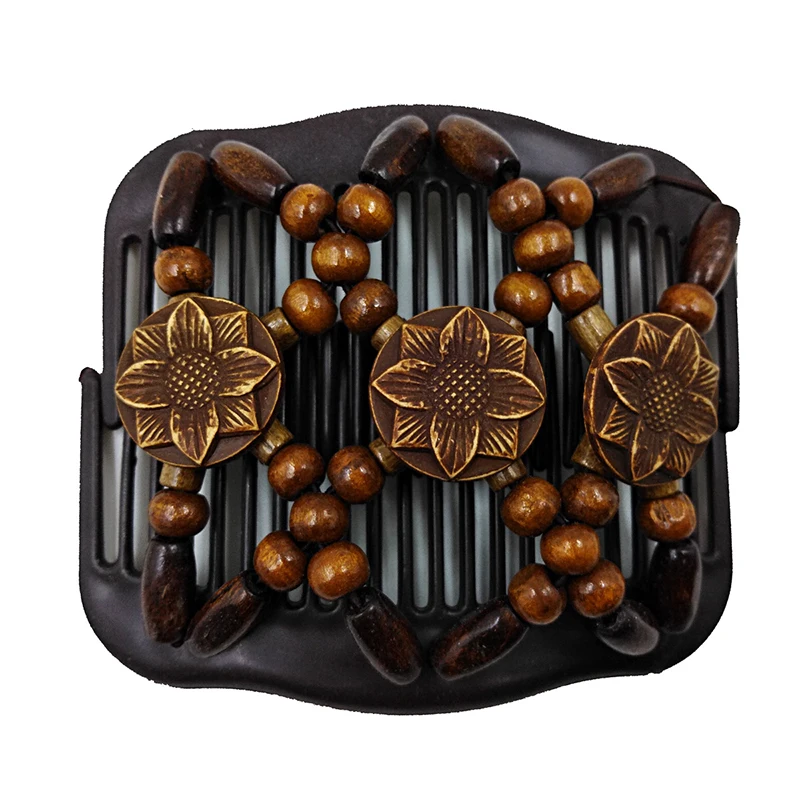 Hair Side Combs for Women Wood Beaded Stretch Double Hair Side Combs Clips Bun Maker with 3 Flowers Hair Accessories