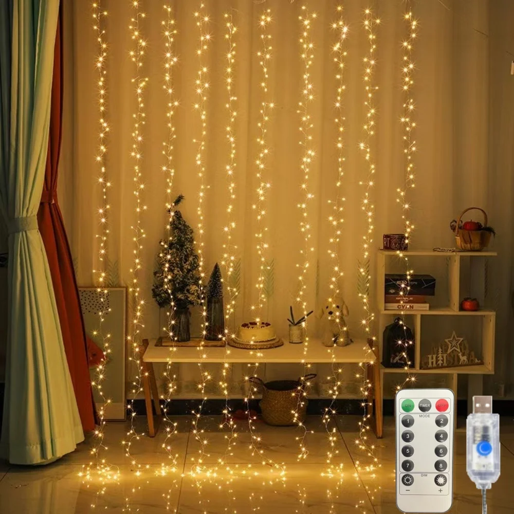 3Mx3M 1000LED Firecracker Curtain Light,USB Fairy String Lights with Remote, 8 Modes New Year Wedding Party Christmas Home Decor