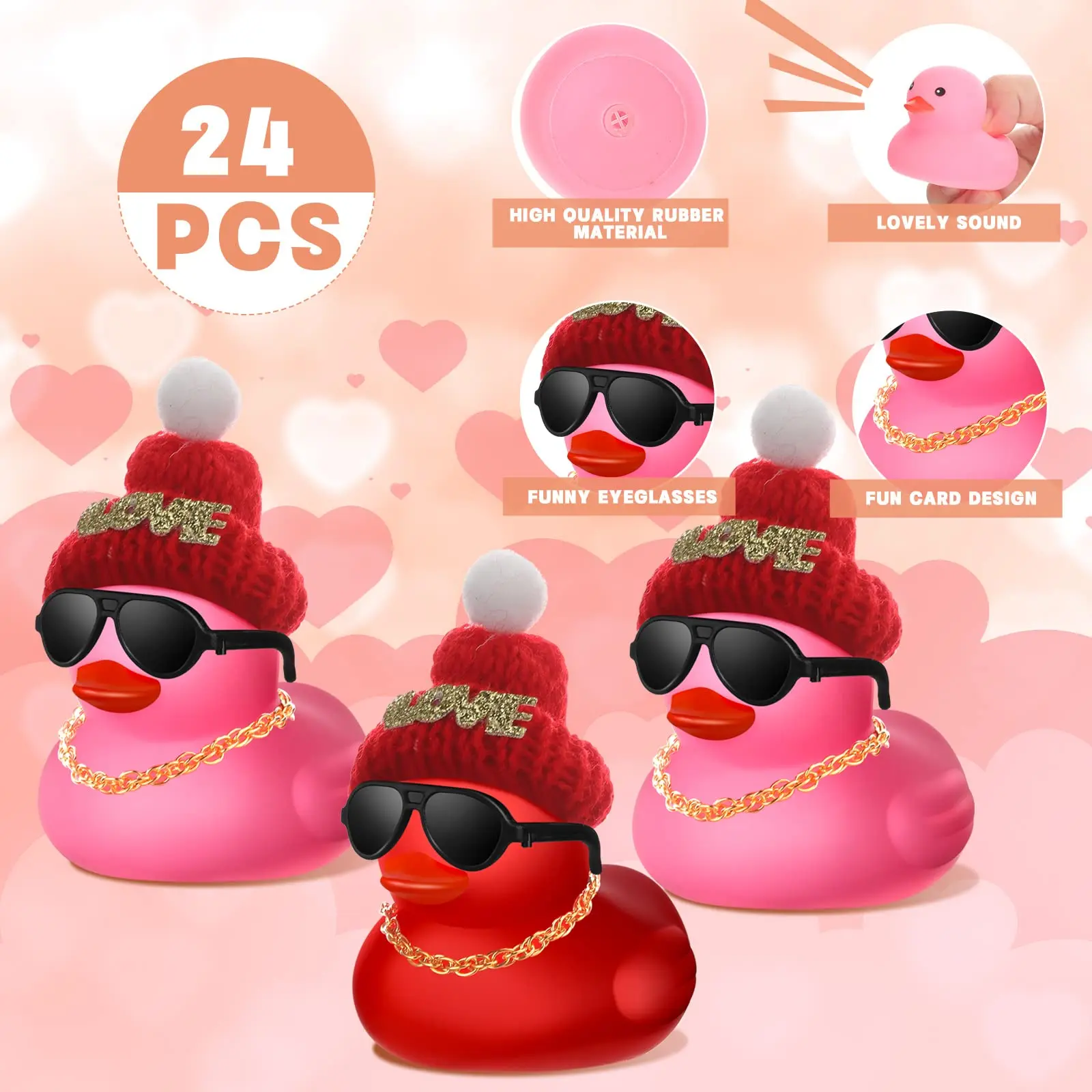 24 Pcs Valentine's Day Mini Rubber Duck with 24 Sunglasses 24 Hat 24 Necklace, Yellow Valentine Rubber Duck in Bulk Bath Toys