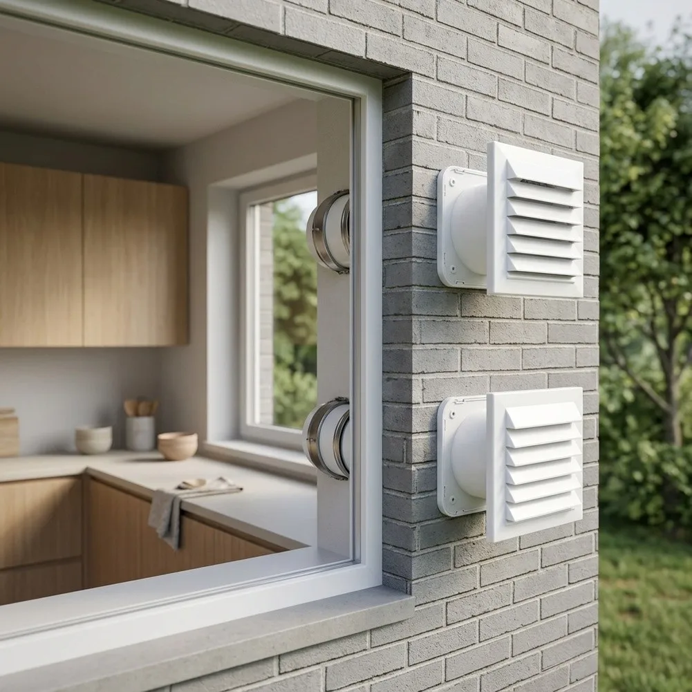 Wall-Fixed Air Ventilator with Pressure Outlet Functionality and Rain-Proof Louver Assembly for Air Circulation