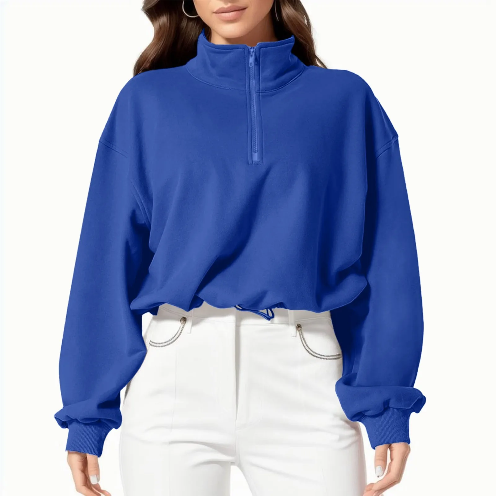 Ladies Half Zipper Crop Sweatshirt Workout Hoodies High Neck Long Sleeve Solid Color Athletic Clothes Loose Casual Ladies Blouse