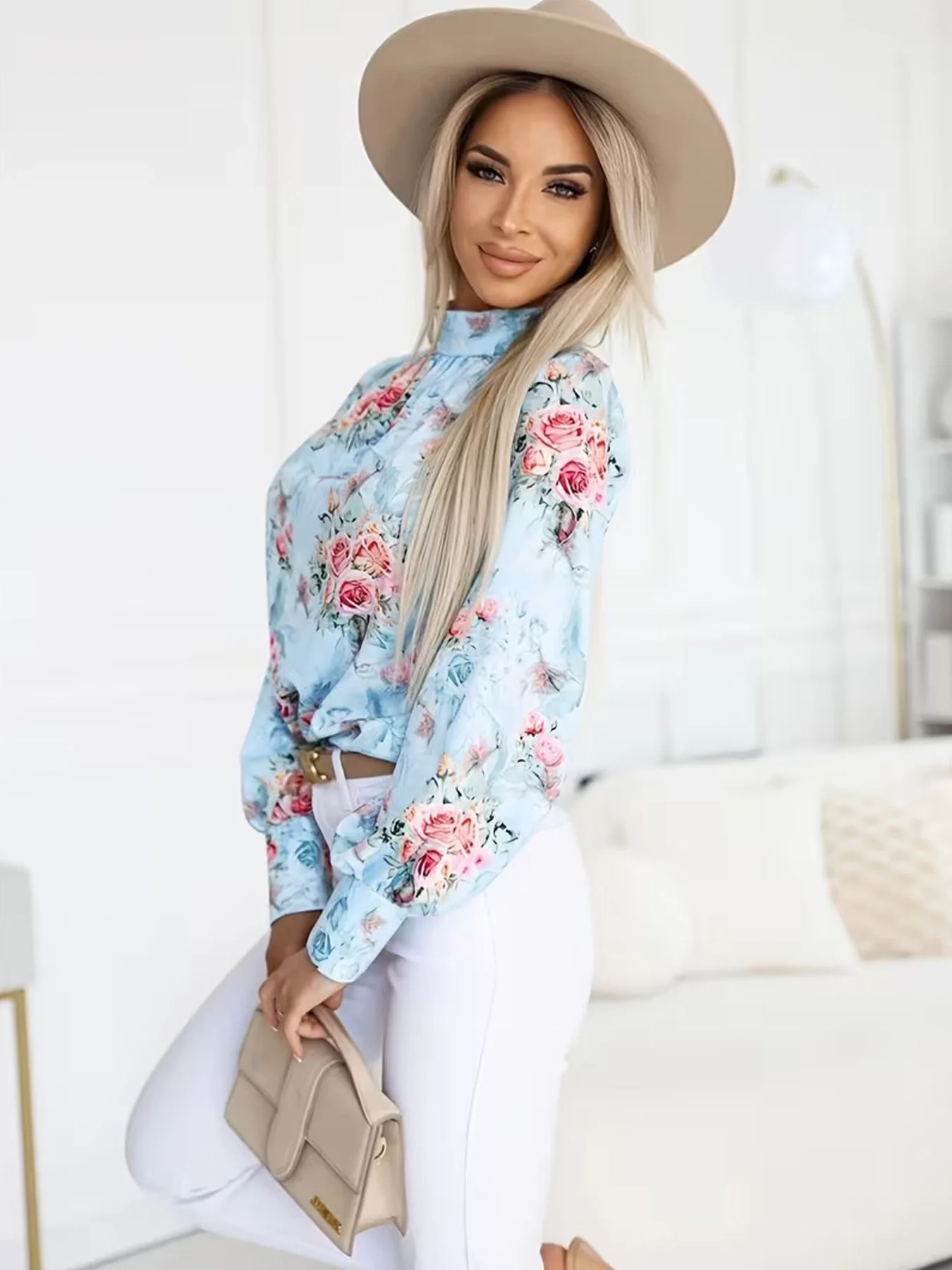 Woman Floral Rose Print Blouse High Neck Puff Long Sleeve Back Keyhole 2026 Elegant Vintage Casual Shirt