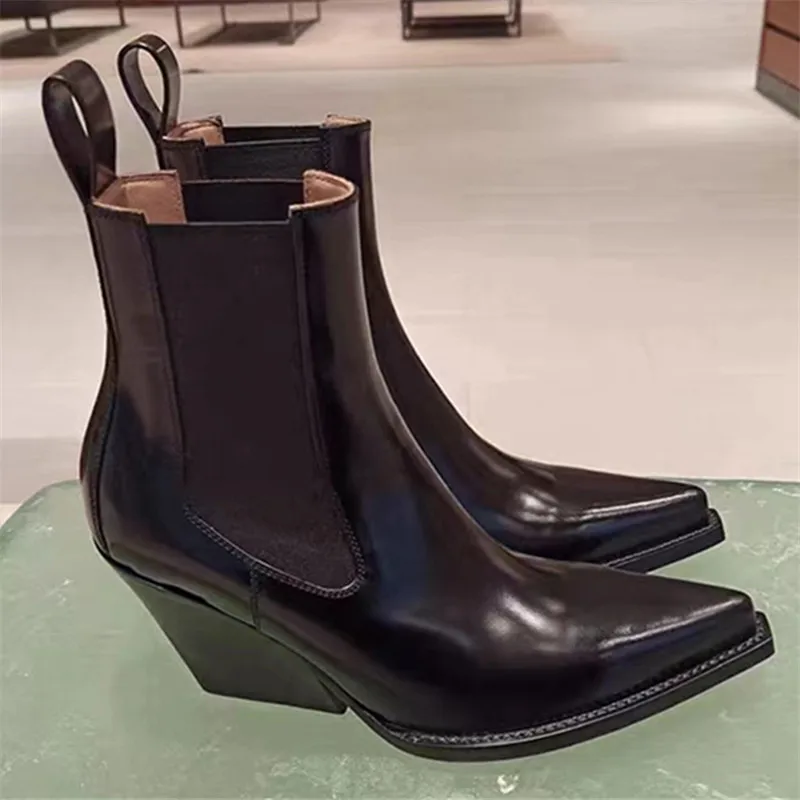 Szpiczasty nosek kobiety Chelsea Boots lakierki czarne krótkie botki damskie jesienne buty na koturnie szpilki Botas Mujer kliny