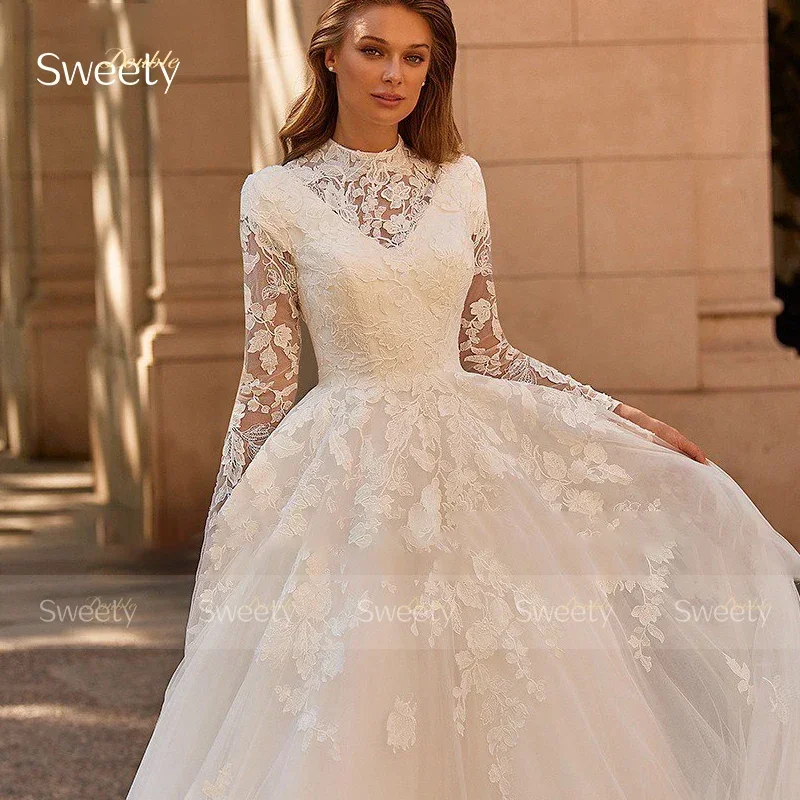 Luxury High-Neck Wedding Dress Organza With Embroidery Lace A-Line Ball Gown Full Sleeve Bride Dress Button Robe De Mariee Appli