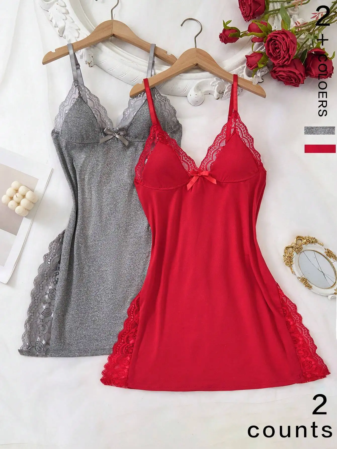 2 Pieces Lace Spliced Camisole Nightdress with Bow Accent & Romantic Side Slit