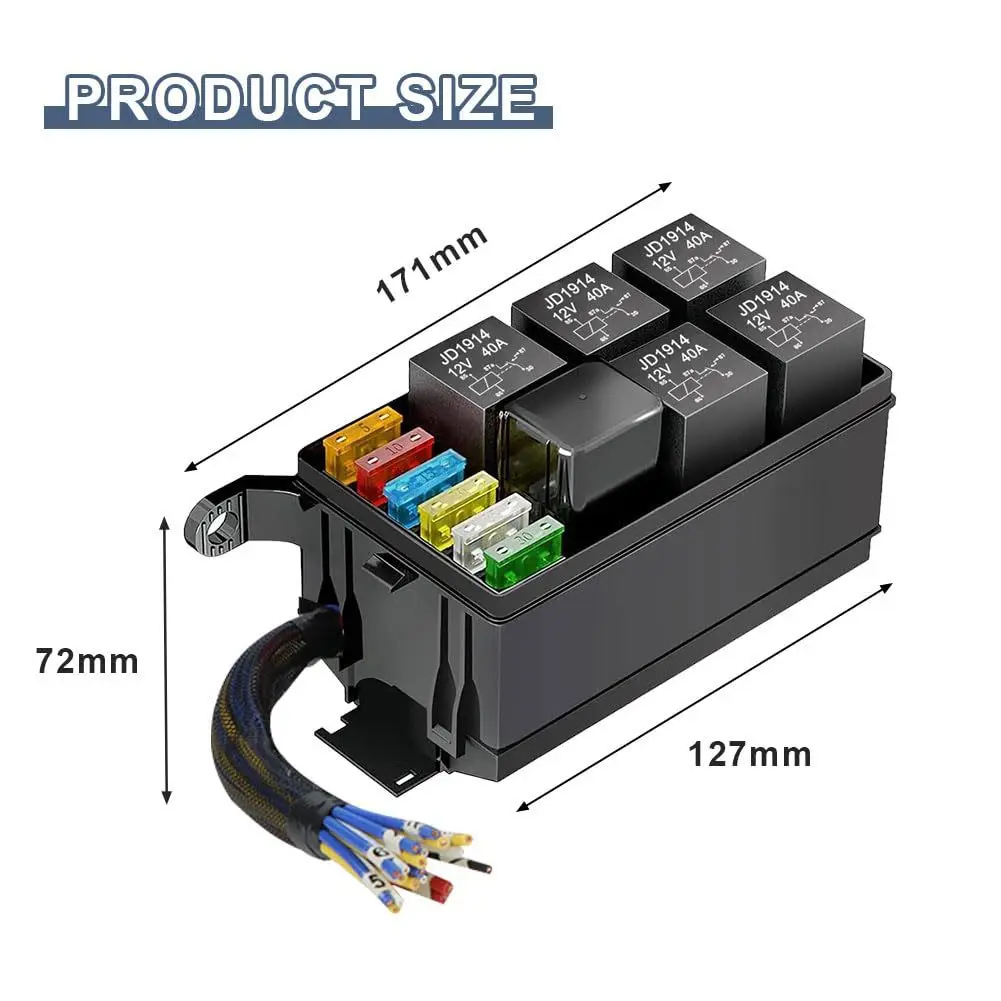 Automotive relay fuse box 12V/24V modified for automotive use with wire harness fuse box, automotive 6-way fuse box