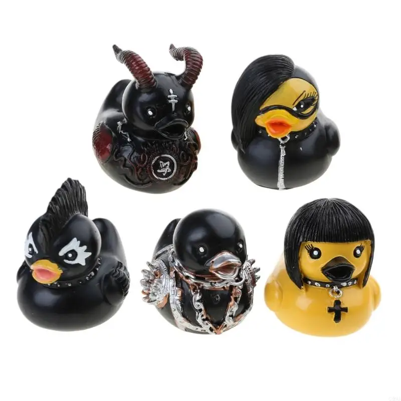 G99A Alternative Style Duck Figures Personalized Punk Duck Figures Resin Duck Statue Set Goth Decors for Collector