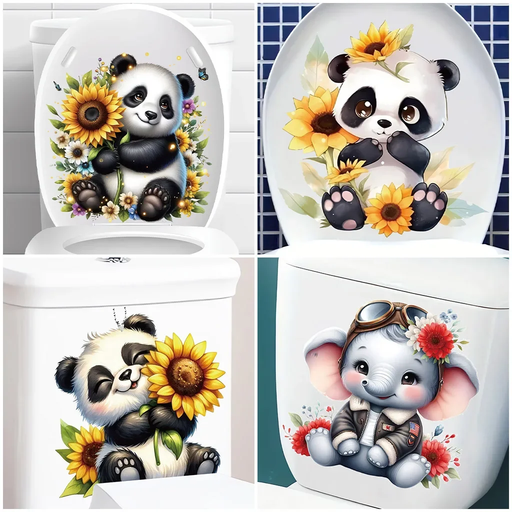 PVC Easy Install' Adorable Panda & Sunflower Bathroom Wall Decal - Easy Peel & Stick, Removable Pvc Sticker For Toilet Decor