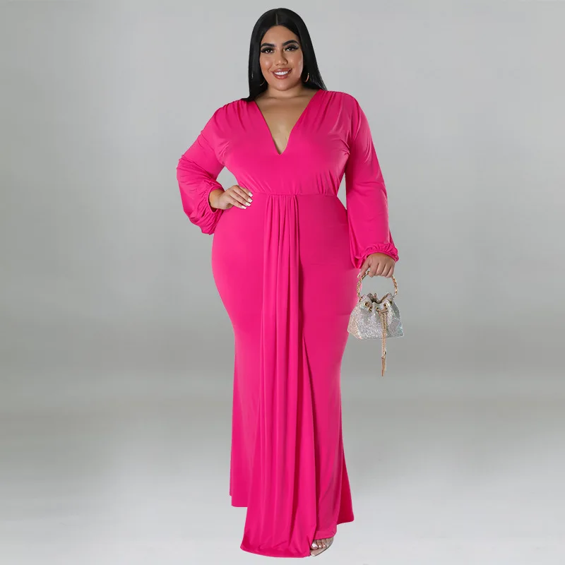 Plus Size Bodycon Elegant Dress Female V Neck Pleated Clothing Luxury Dinner Evening Long Robe 2024 Spring Women Party Dress