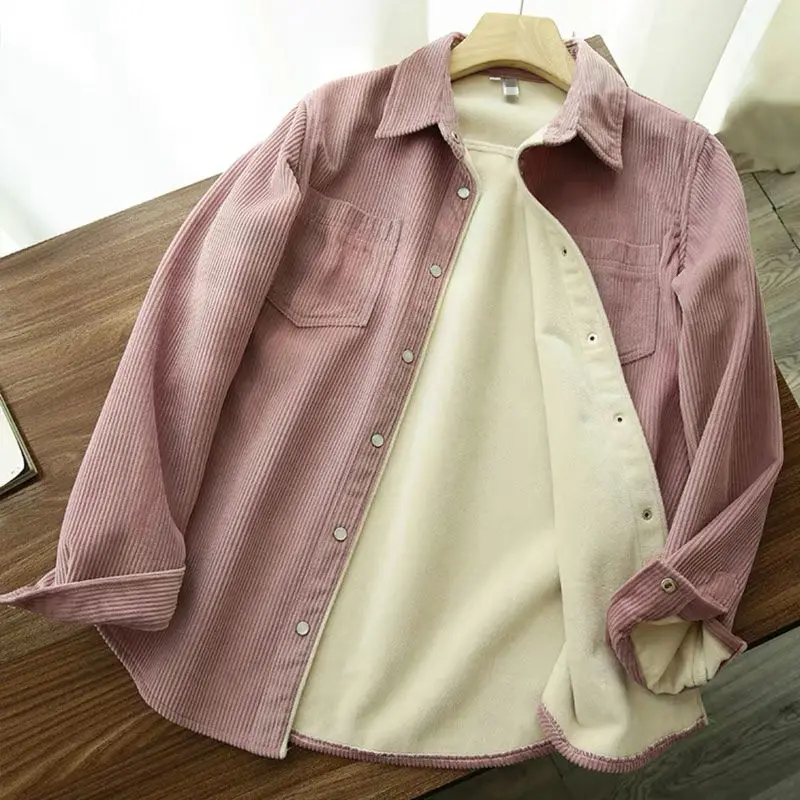 Thiened Corduroy Fce Women's irt Long Sve Casual Outerwear Top Warm Commute Sle Korean Loose Fit  Collar
