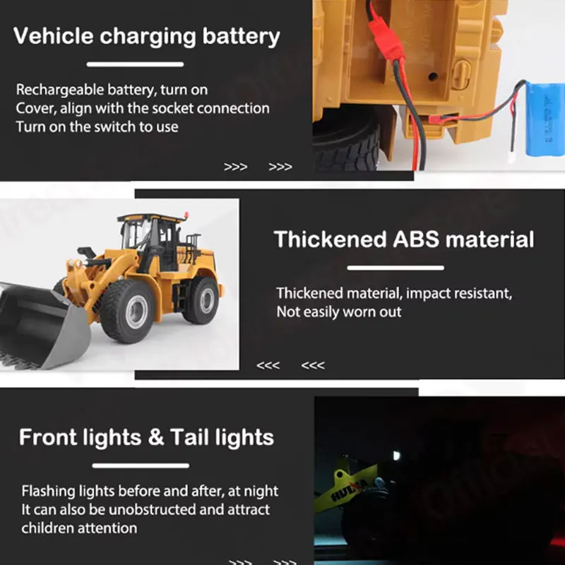 HuiNa 1/16 RC Truck 2.4G Remote Control Loader Truck 9 Channel Alloy Shovel Light Engineering Vehicle RC Car Toy Gift for Boy