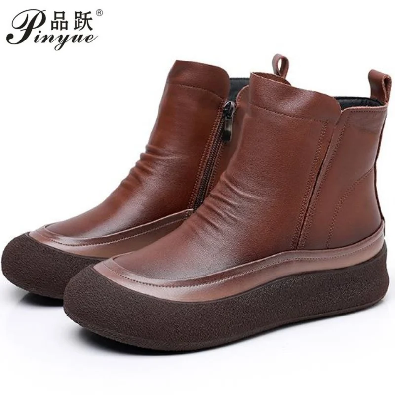 

Genuine Leather Short Boots Women's Sneakers British Style Winter Warm Handmade Platform Soft Soled Chelsea Boots 35-43