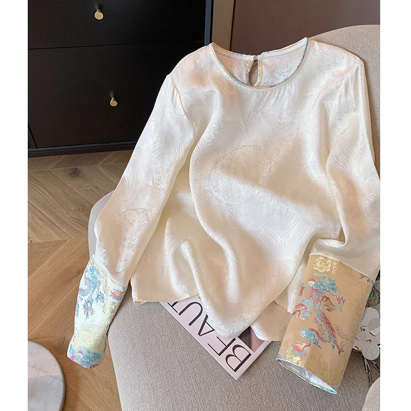 New Chinese Style Satin Embroidered Button Women's Two-Piece Set Autumn 2026 Improved Tang Costume Vest Shirt Ladies T-shirt