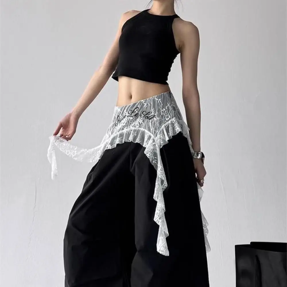 Jeans Pants Decor Embroidered Flower Lace Mini Skirt Irregular Y2K Streetwear Ruched Skirts Lace-up Design Harajuku Butt Curtain