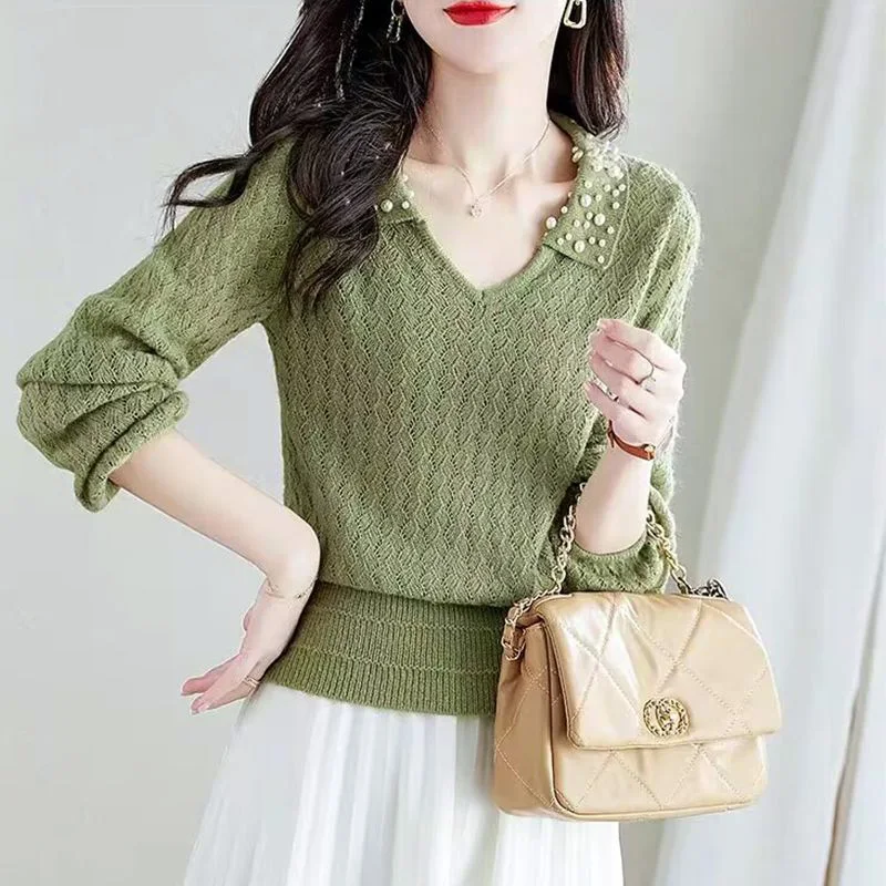 Korean Fashion Beading Lapel Knitted Blouse Women Clothing Autumn Winter Commuter All-match Solid Color V-Neck Long Sleeve Shirt