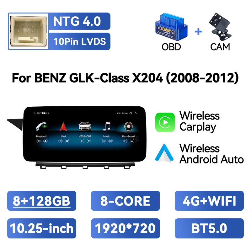 8-Core Android 14 autoradio voor Mercedes Benz GLK X204 2008-2015 8GB+128GB IPS draadloze CarPlay Android Auto 4G GPS multimedia