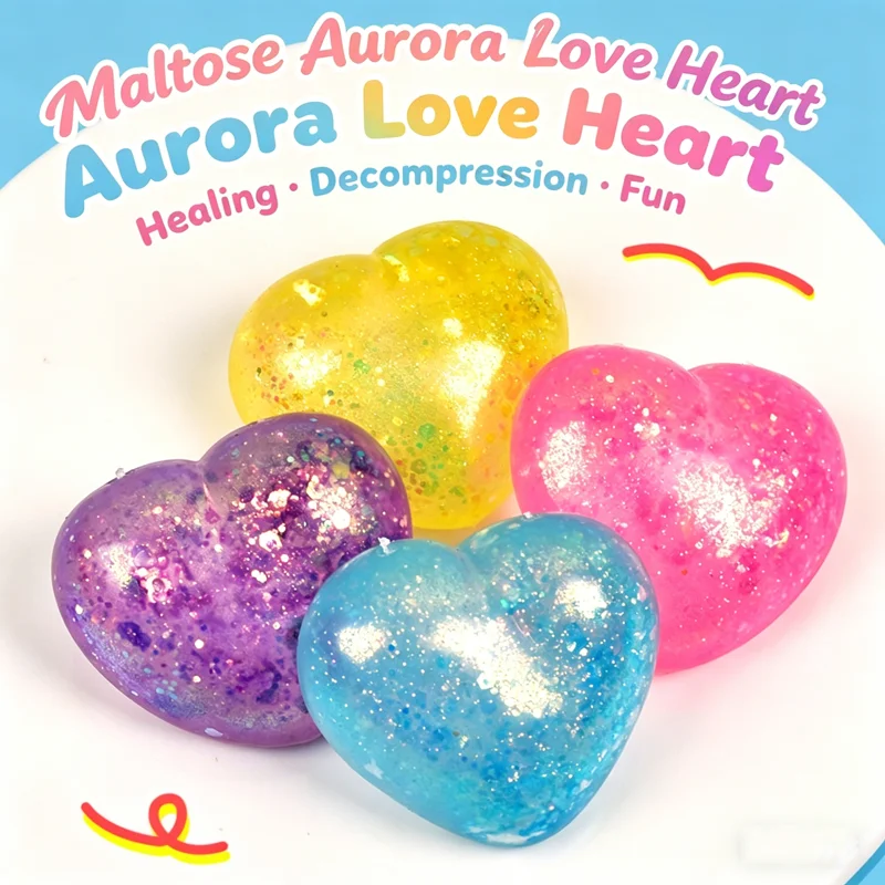 Colorful Changing Heart Squeeze Toy Sequins Love Shaped Squishy Fidget Toy Stress Relief Gadget for Kids Party Favors ﻿