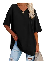 Women's New T-shirts V-neck Solid Color Loose Short Sleeve Casual Commuting Daily Female's Pullover Tops 2024 Spring And Summer