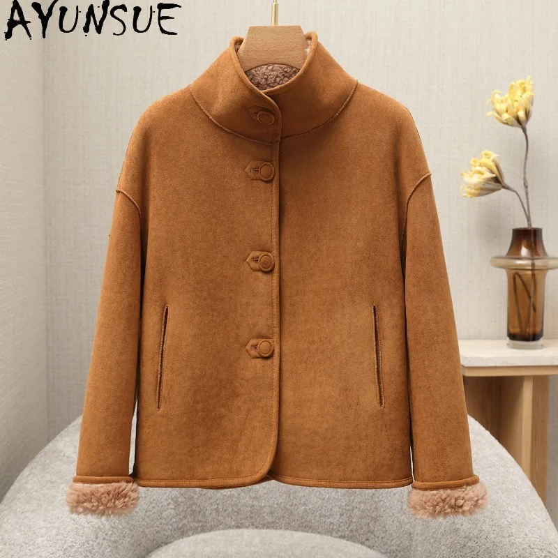 

AYUNSUE 100% Wool Coats for Woman Stand Collar New in Outerwears Winter Long Sleeve Tops Leather & Fur Coat Woman Clothes 신상아우터