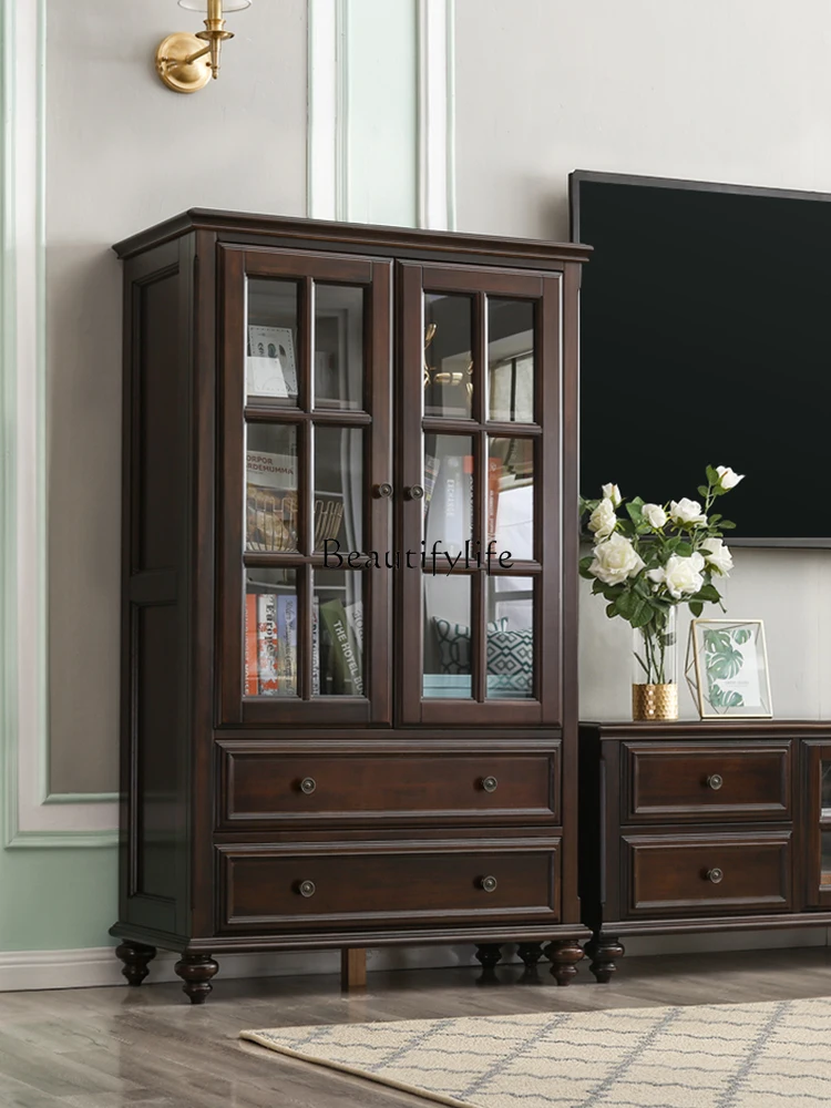 

American Style Pure Solid Wood Wine Cabinet Living Room Display Storage Cabinet Retro Light Luxury