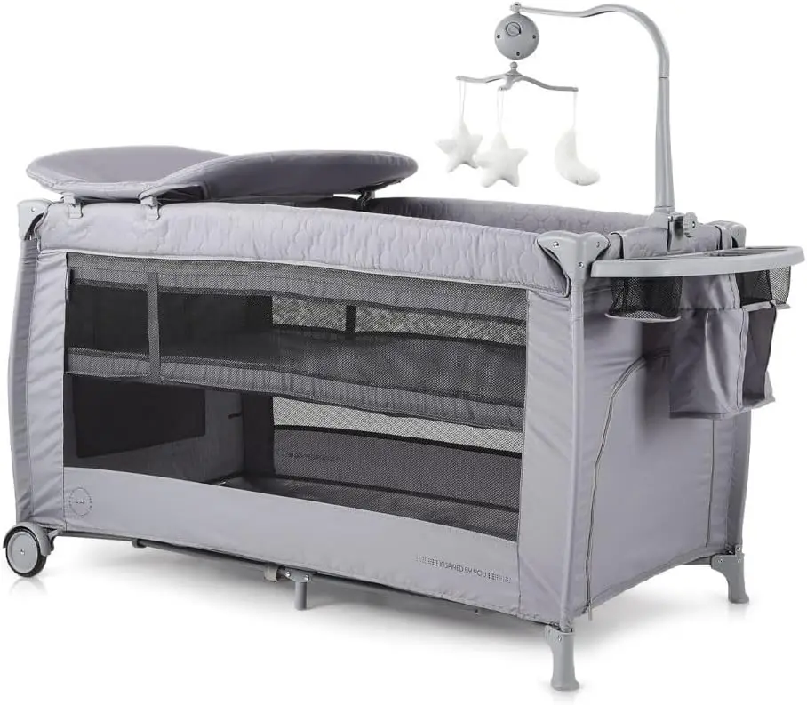 Bella travel bed, 2 levels, side entry, musical mobile, colour: light grey