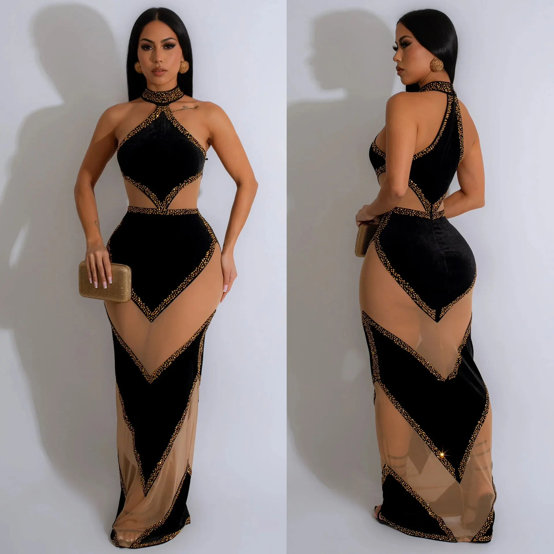 

Rhinestone Maxi Dress Lady Sexy Party Bodycon Evening Mesh Black Dresses Women Winter Elegant Luxury Birthday Prom Dresses