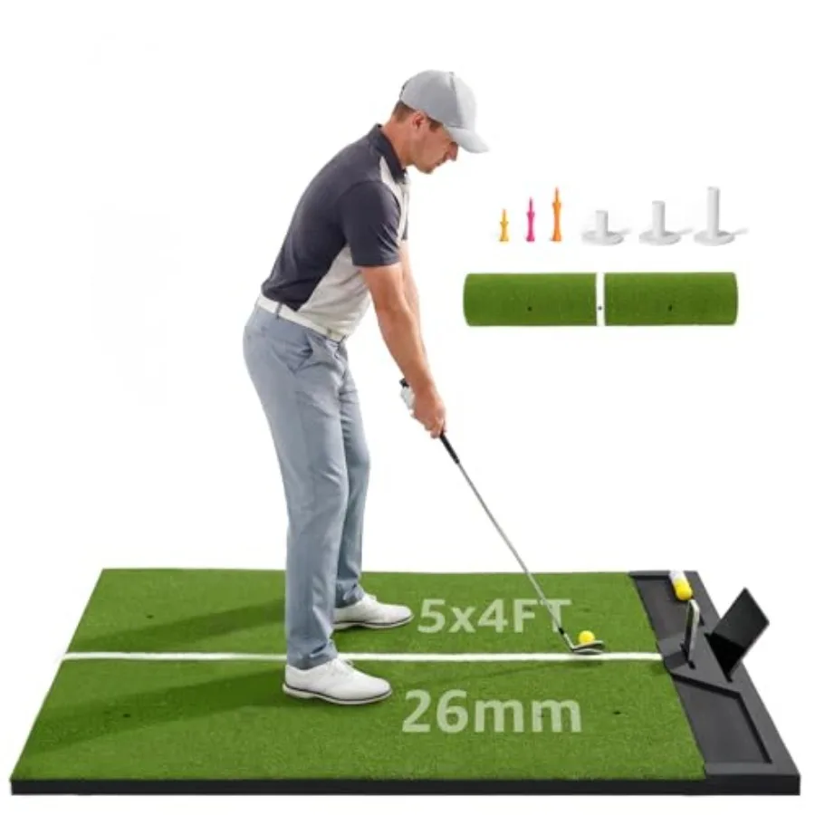 

Golf Hitting Mat 5x4ft, Thickened Practice Mat with Phone Holder & Ball Tray, Artificial Turf Driving Range Golf Simulator Mat with Alignment Line for Driving Chipping, Swinging