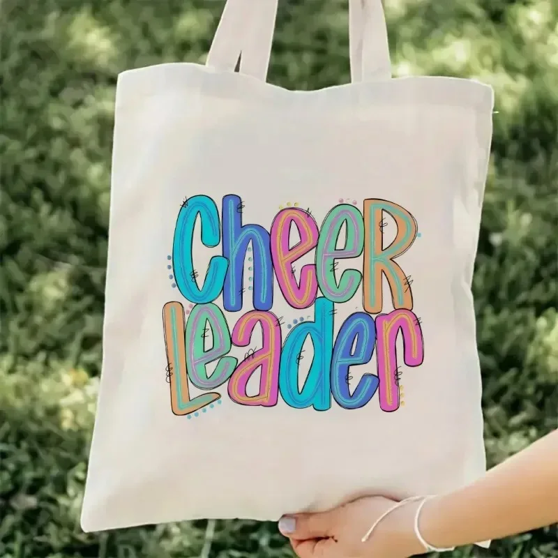 

Cheer Leader Canvas Tote Bags Colorful Art Font Heart Pattern Printed Casual Shopping Handbag Sports Style Shoulder Bag